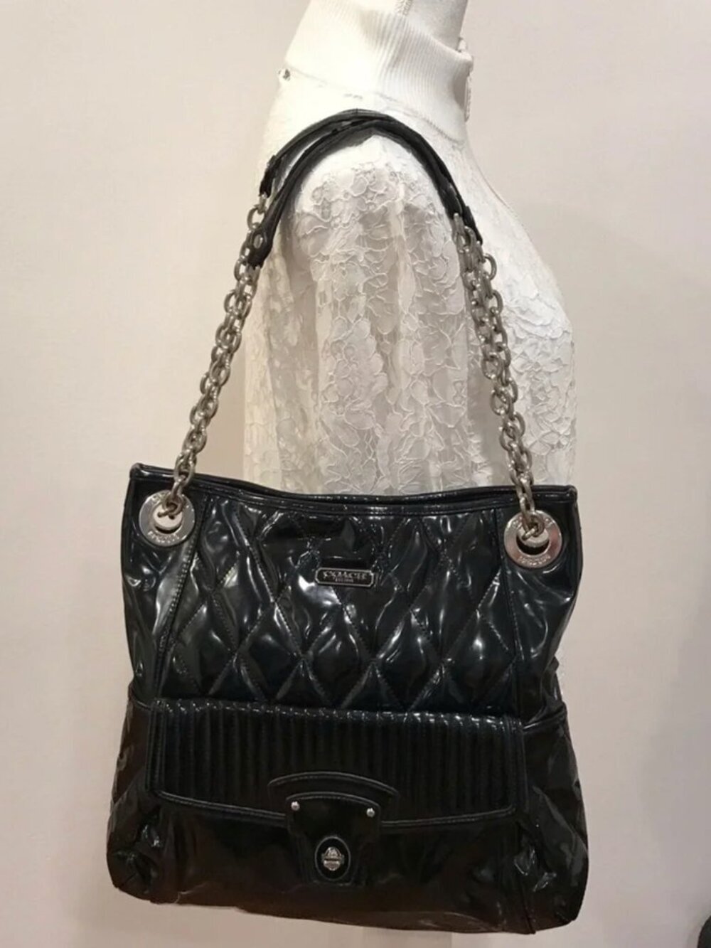 Coach Poppy Liquid Gloss Quilted Patent Leather Glam Tote Bag Black 18573